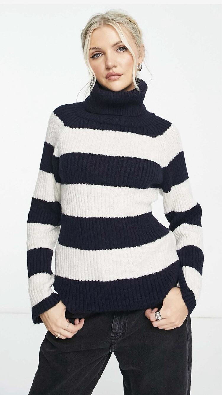 Stradivarius Large Striped Ribbed Turtleneck Nautical Preppy Casual Sweater $48